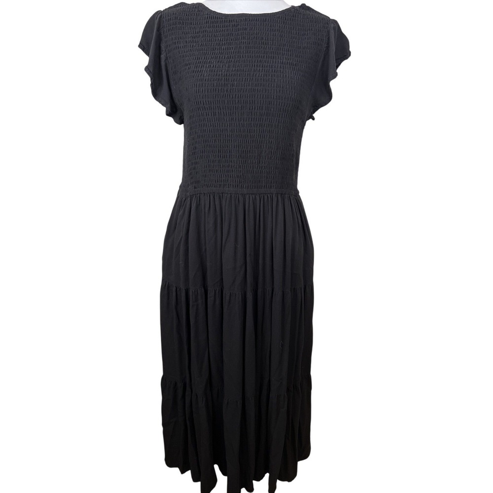 Merokeety Smocked Flutter Sleeve Midi Dress Size L Pockets Romantic Boho Casual